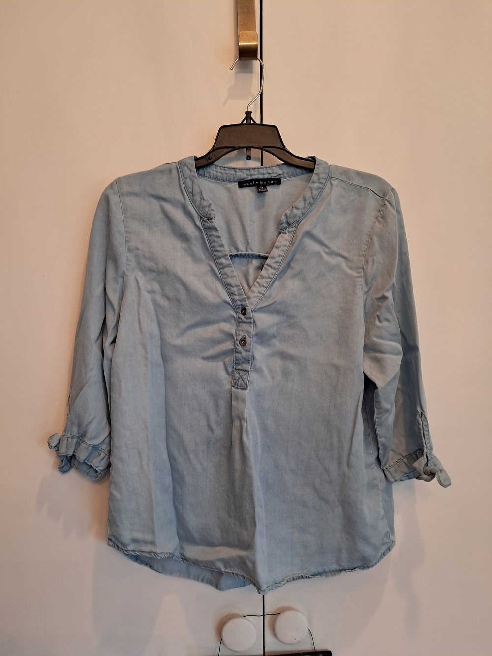 Haute Monde Light Blue Denim-Look Henley Blouse